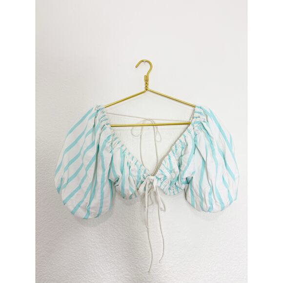 For Love & Lemons Myla Crop Top Size Large Tie Back Striped Puff Sleeve Preppy - Picture 3 of 12